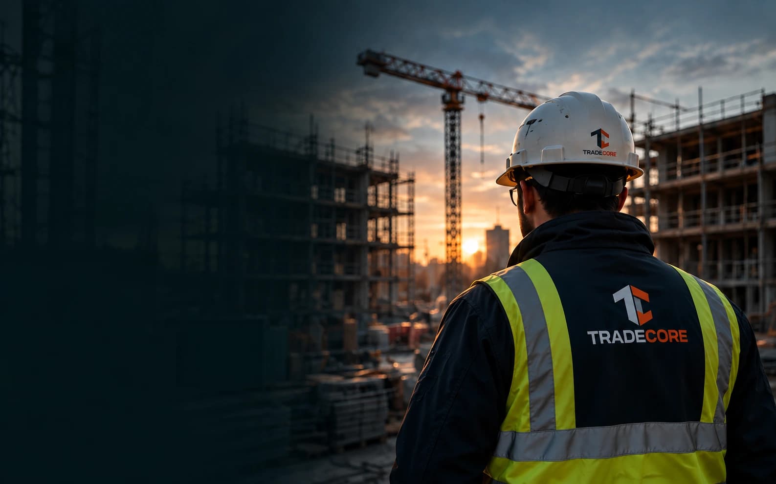 TradeCore-branded construction worker overlooking the cranes and buildings of a construction site at sunset