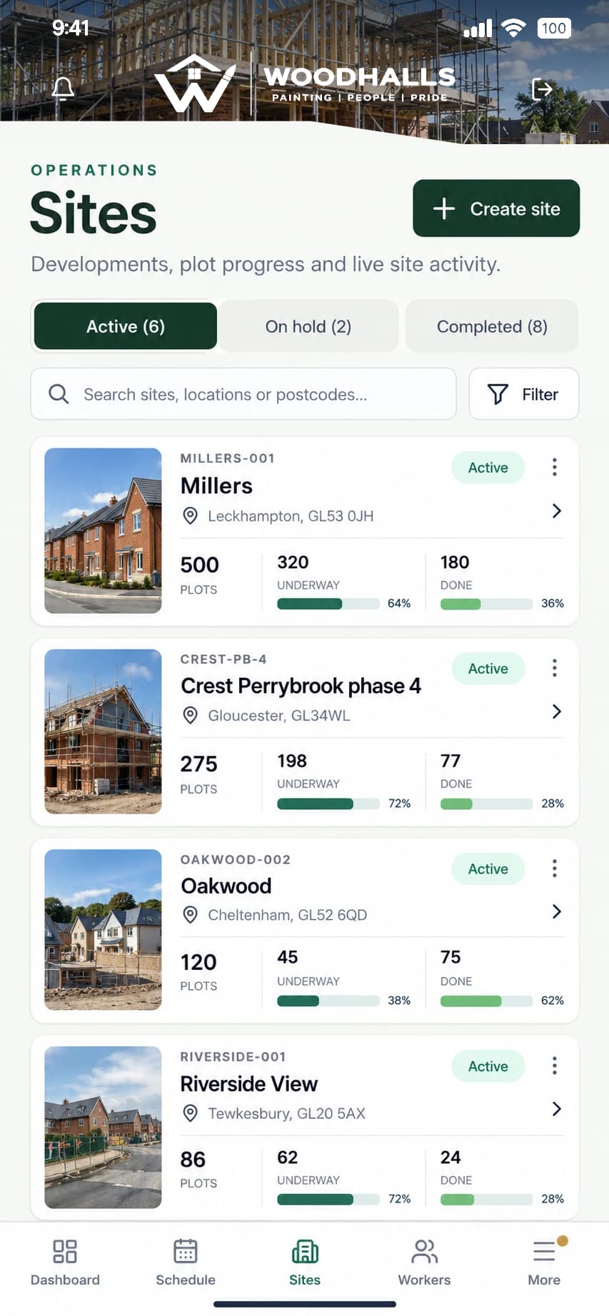 Supplied Woodhalls-branded Sites screen showing developments and plot progress