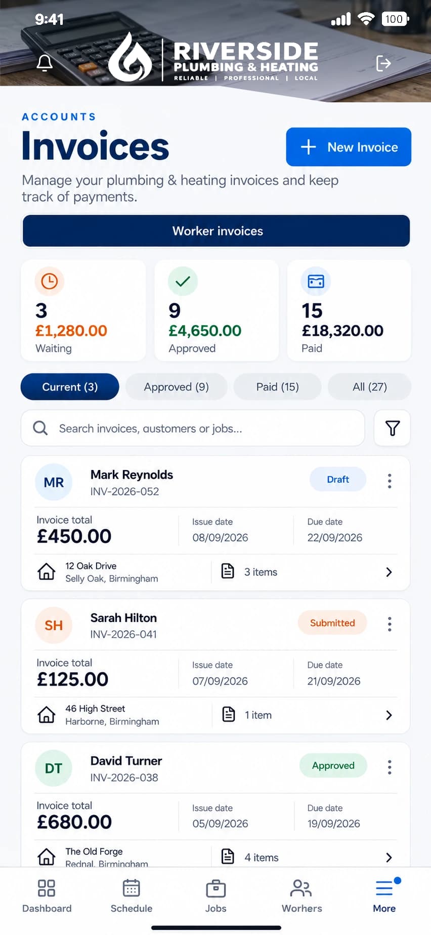Supplied Riverside Plumbing and Heating-branded worker invoices screen